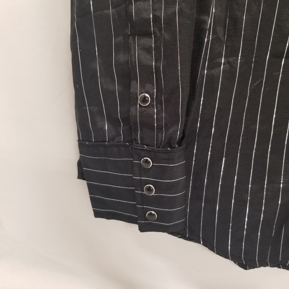 Roper Men Sz L Western Snap Pearl Shirt Black Silver Metallic Stripe Rodeo - Picture 4 of 14